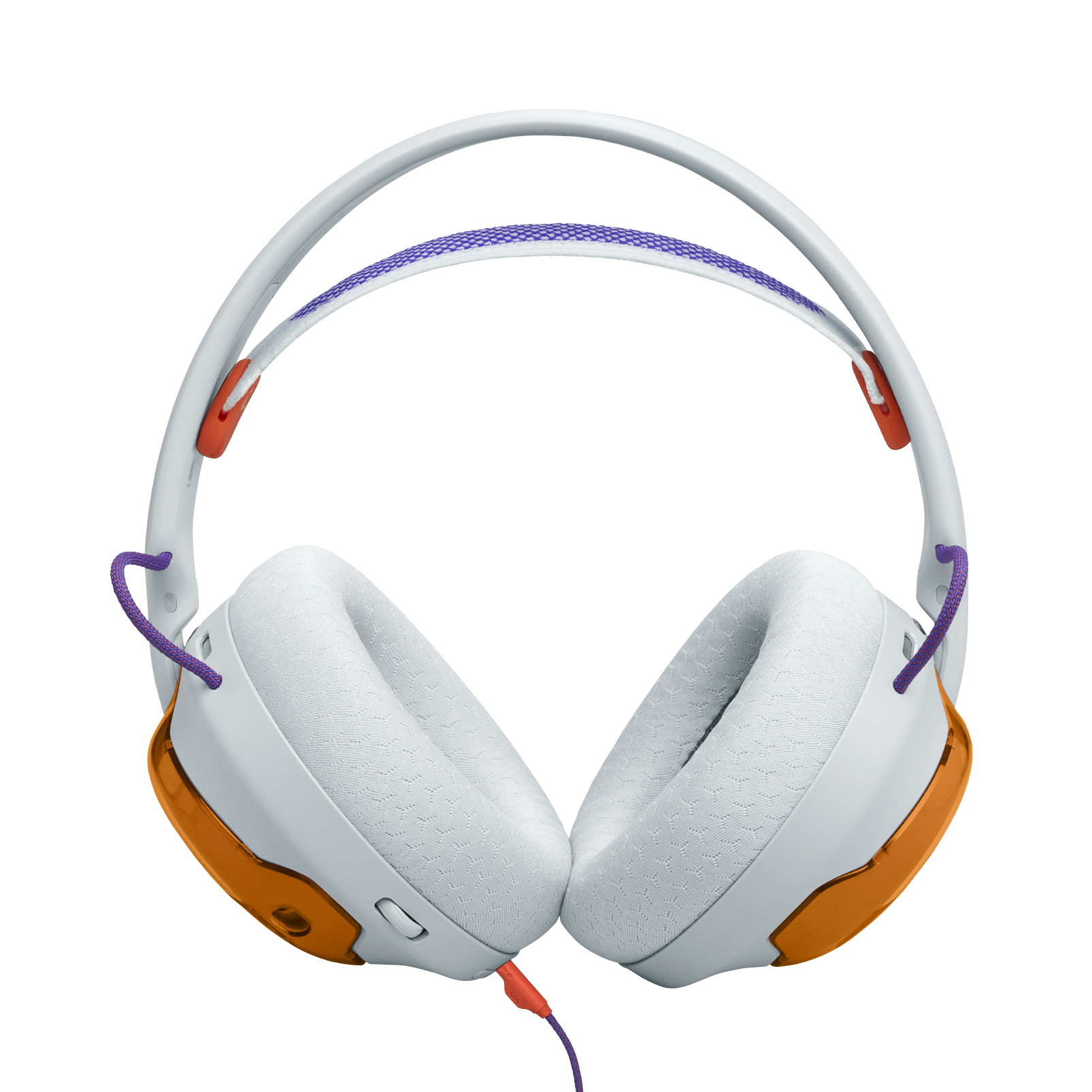 Cuffie bianche con dettagli arancioni e viola. Con padiglioni e archetto bianchi, con cavo viola.