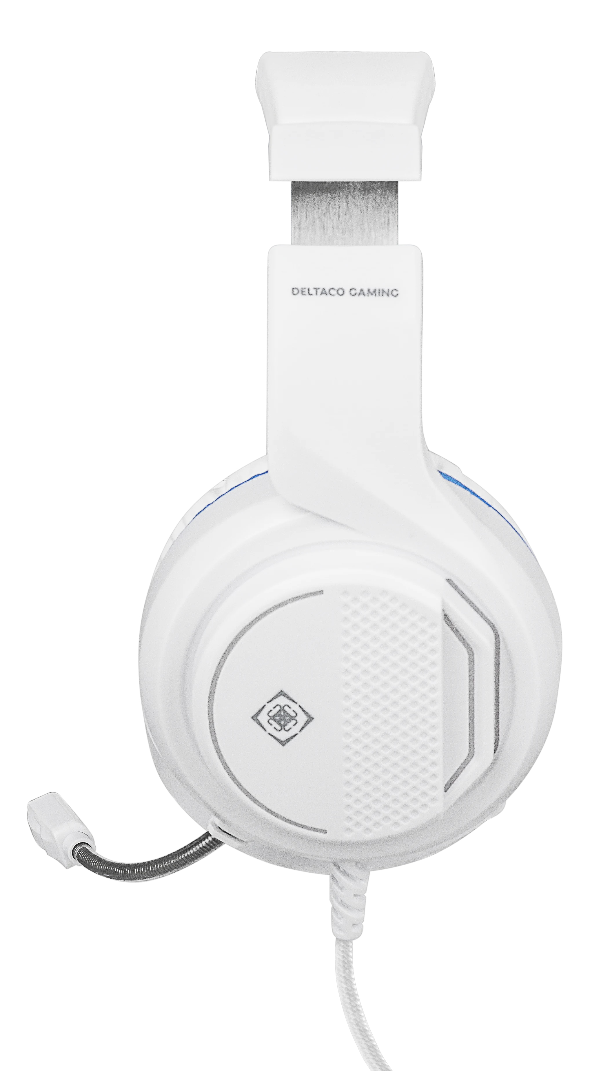 Weißes DELTACO GAMING-Headset mit flexiblem Mikrofon und weißem Kabel. Das Headset hat einen blauen Akzent.