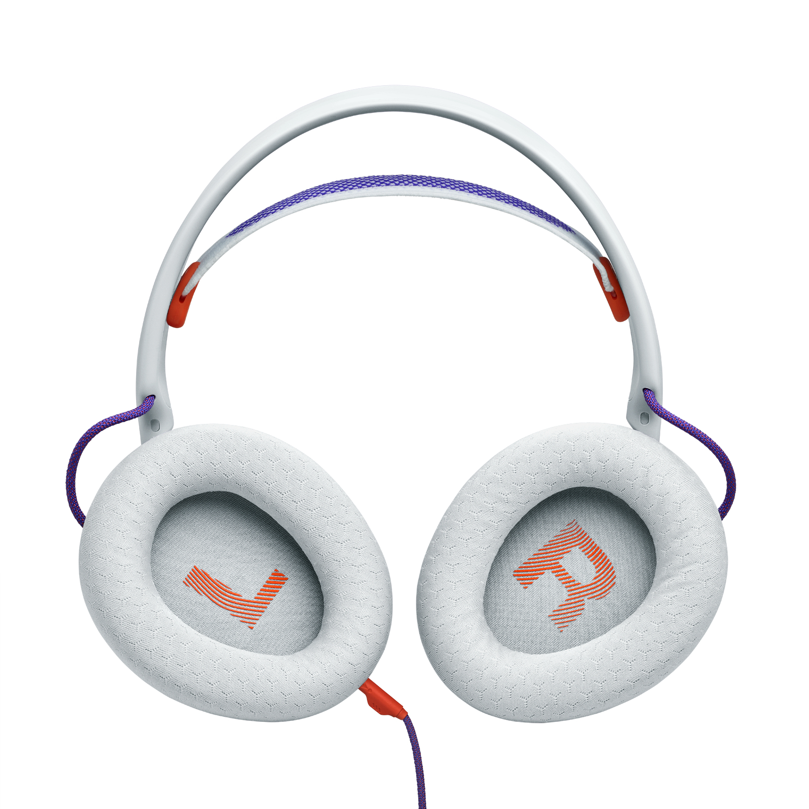 Cuffie bianche con dettagli viola e arancioni su sfondo bianco. Ogni auricolare ha una lettera arancione.