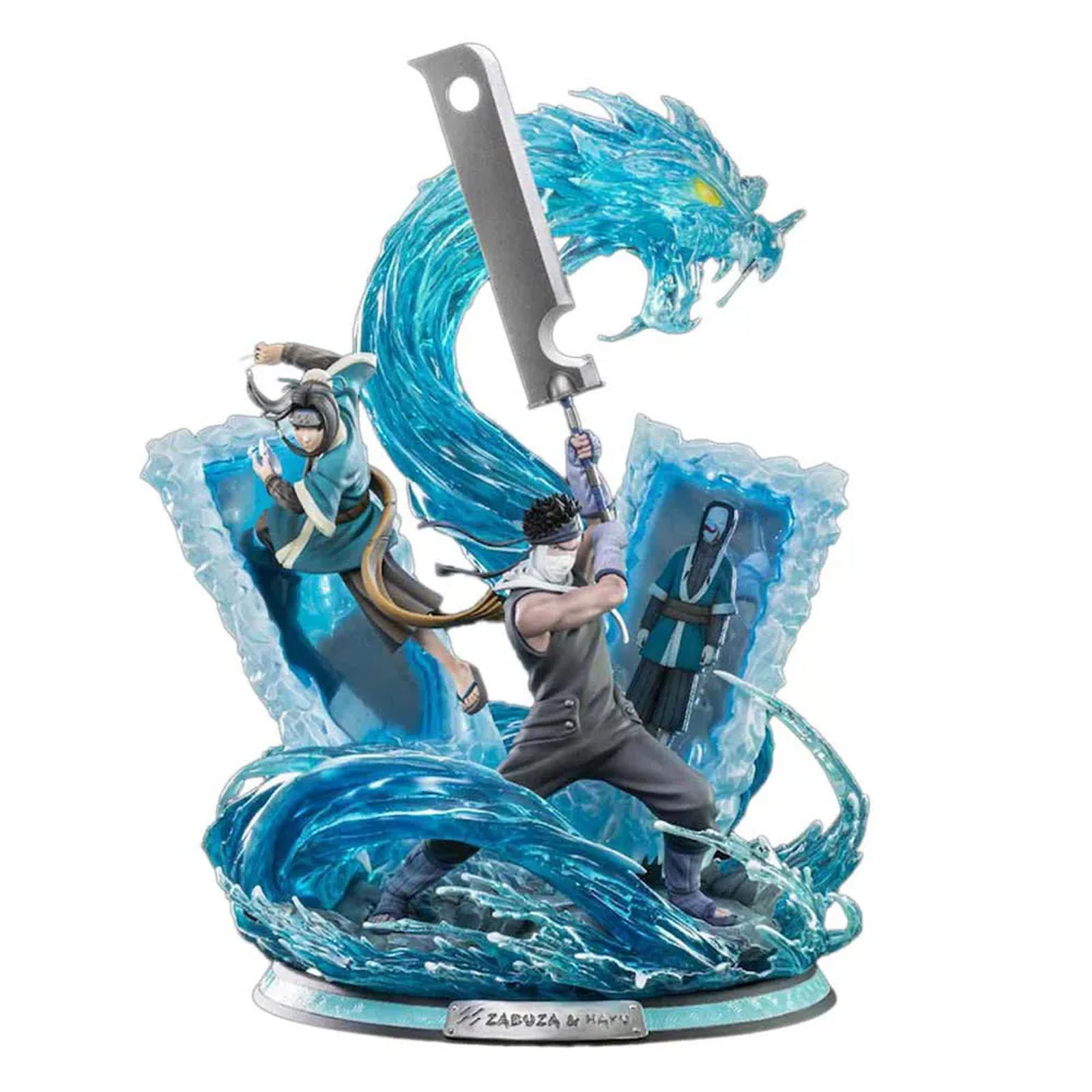 Figur von Charakteren mit Wasserdrache. Einer hält ein großes Schwert. Andere stehen auf Wasserbasis.