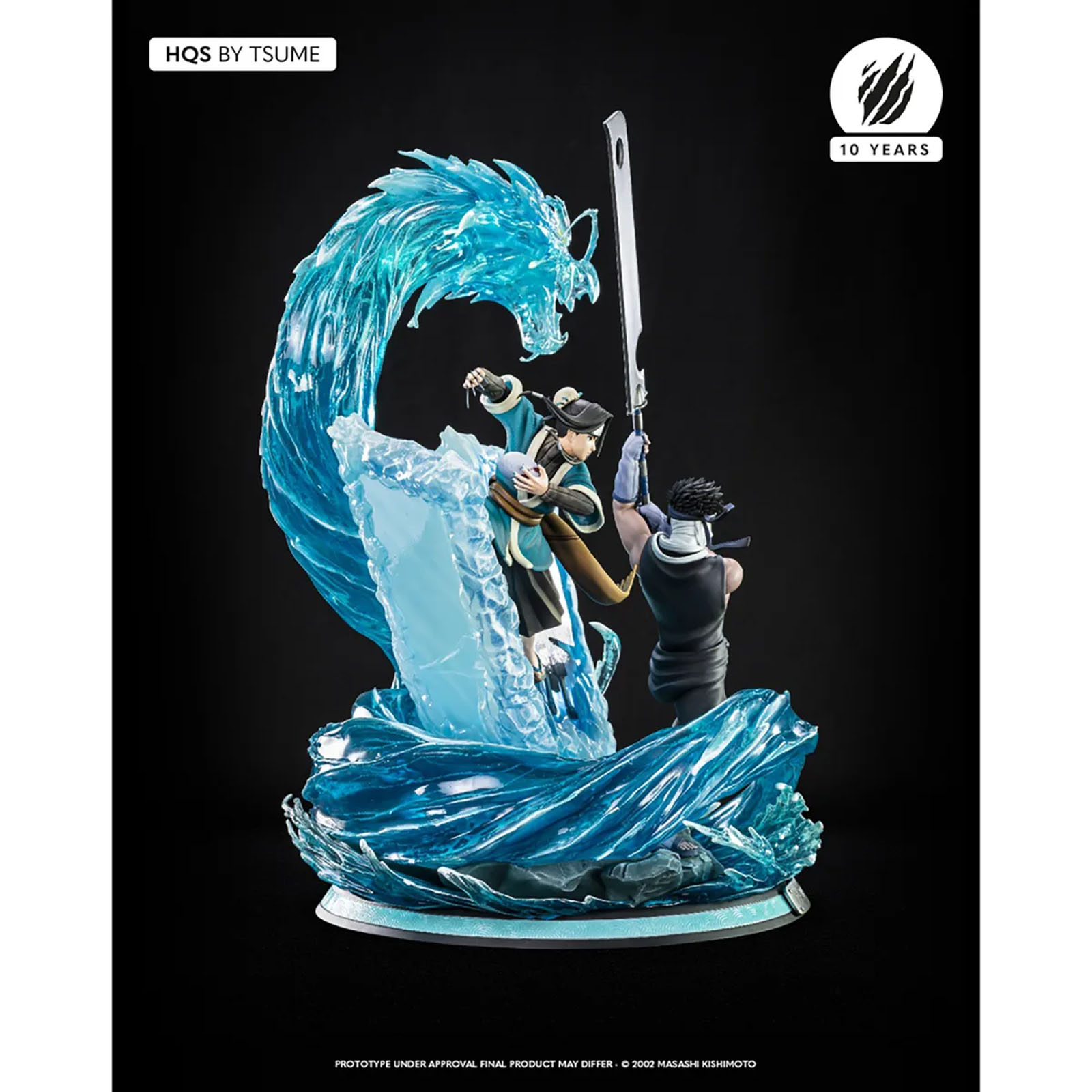 Eine Figur zeigt zwei Charaktere, die inmitten eines blauen Wasserdrachen kämpfen. Einer hält ein großes Schwert, der andere einen Ball.