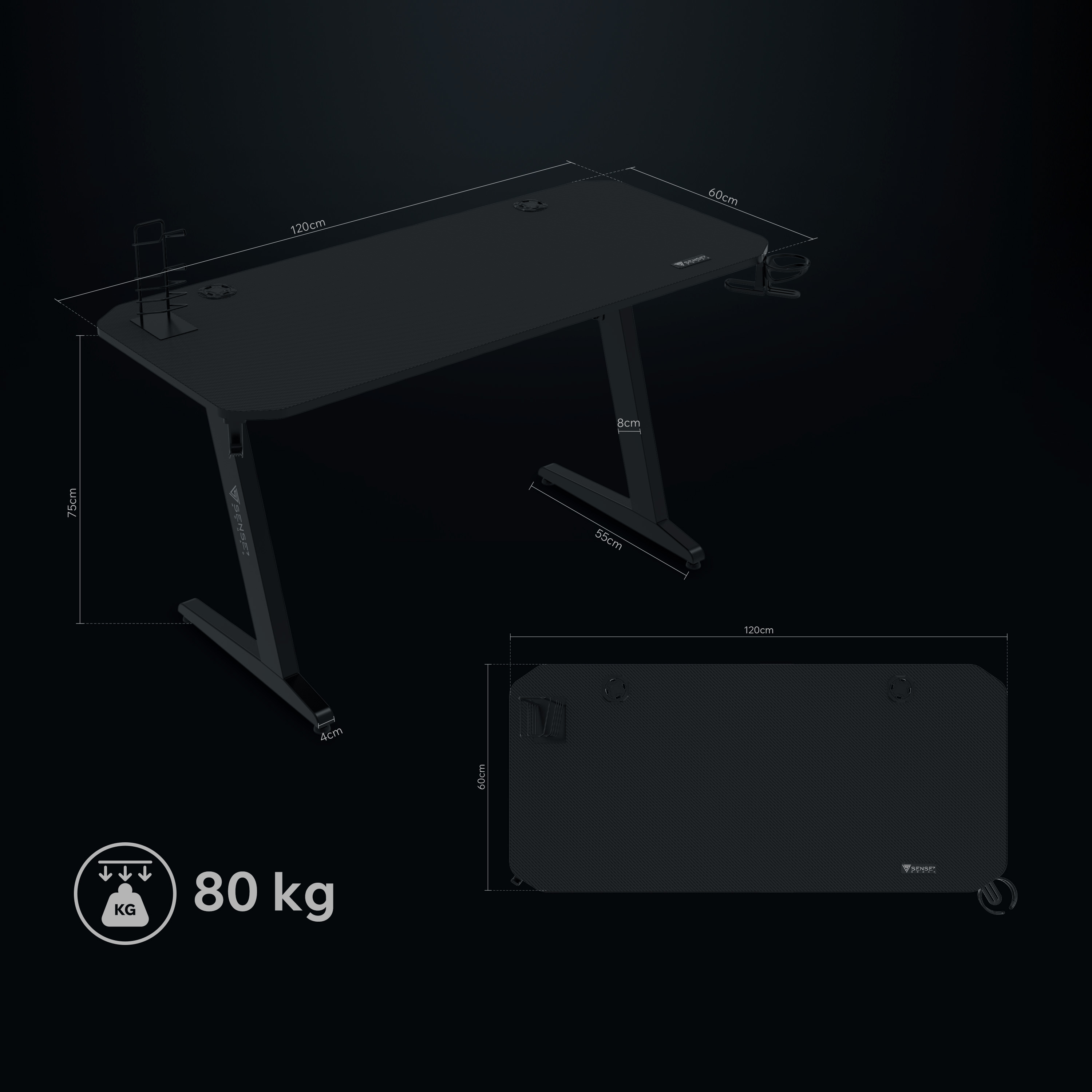 Zwarte gamingtafel met afmetingen. Inclusief bekerhouder, koptelefoonhouder en draagvermogen van 80 kg.