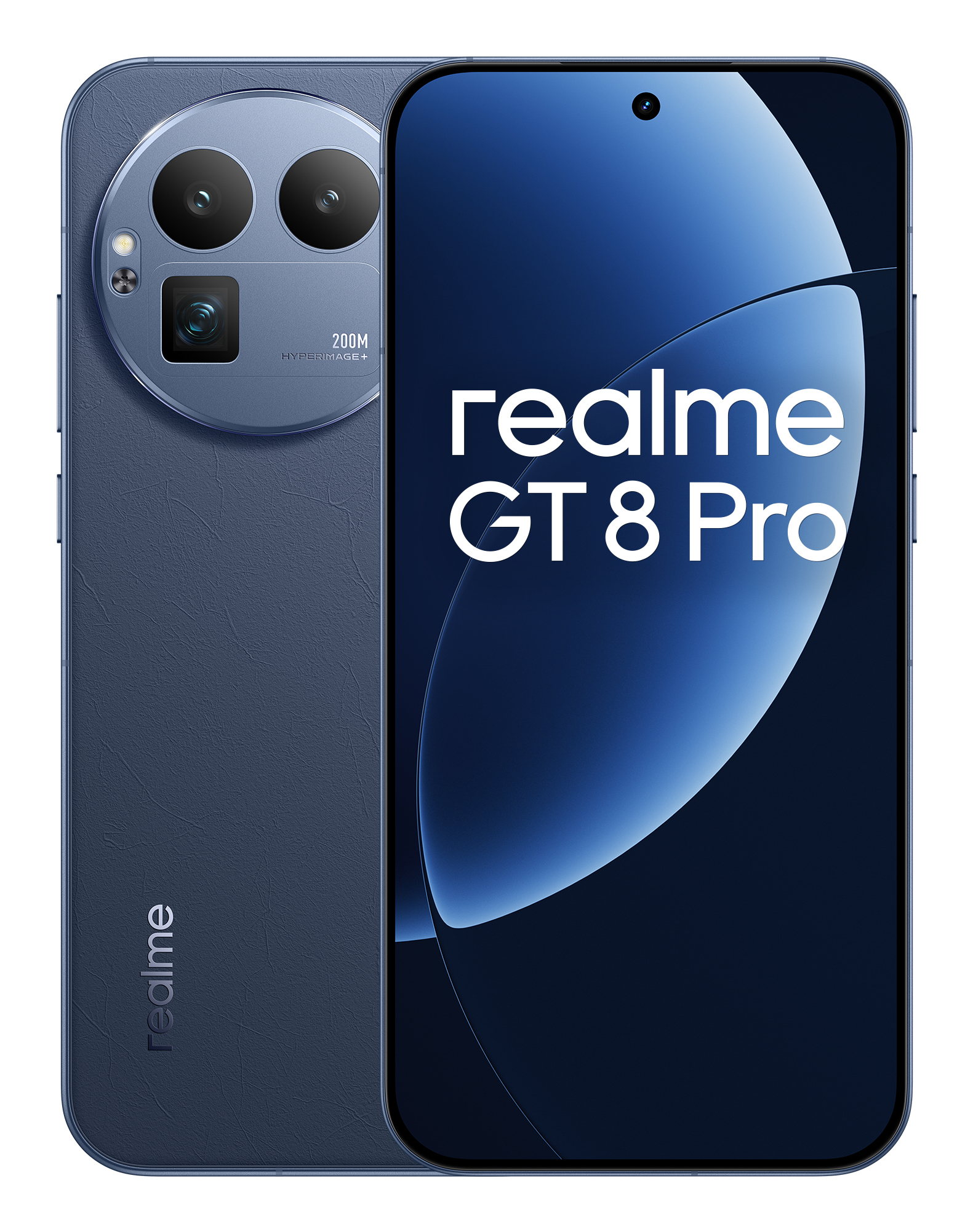 Un telefono Realme GT 8 Pro blu. Il retro ha un modulo fotocamera. Lo schermo mostra il nome del telefono.