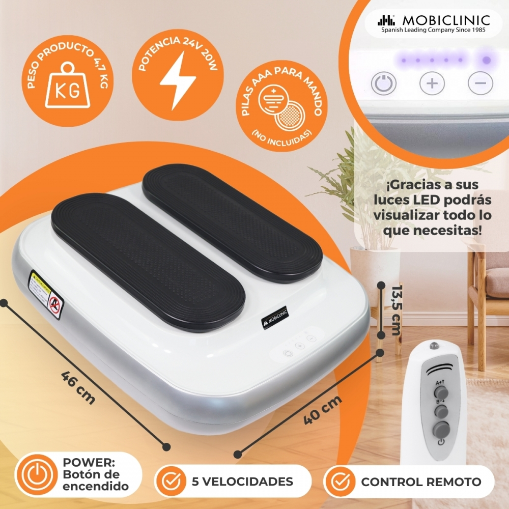 Una máquina de ejercicios blanca y negra con un mando a distancia, dimensiones e iconos que indican encendido, velocidad y mando.