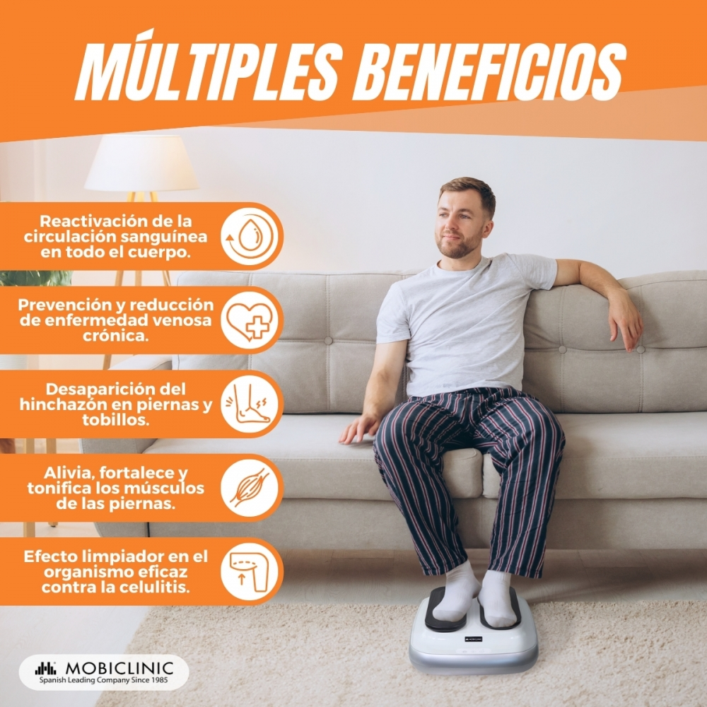 Hombre sentado en un sofá usando un masajeador de pies. Se enumeran los beneficios de uso con iconos. Texto en español.