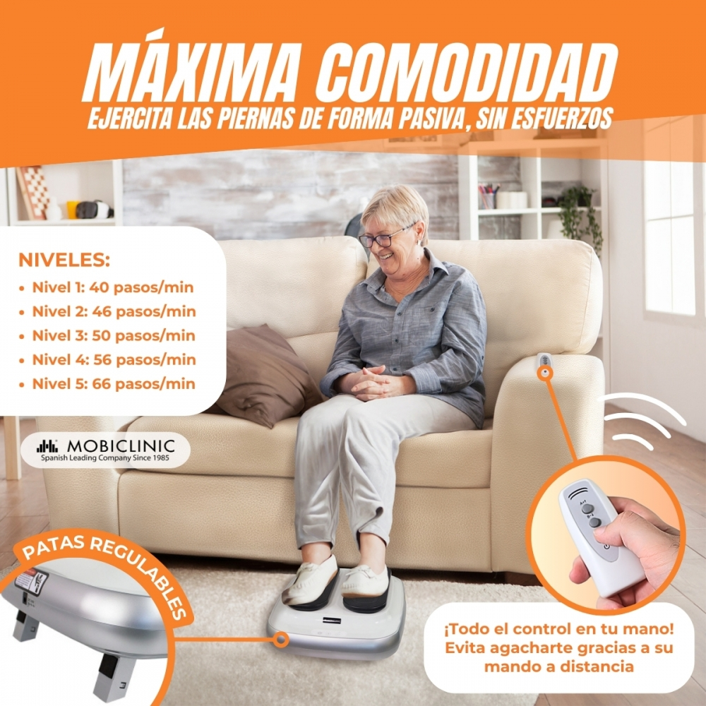Una anciana está sentada en un sofá usando una máquina de ejercicios para las piernas. Se sostiene un mando a distancia. El texto superior dice 'Máxima Comodidad'.