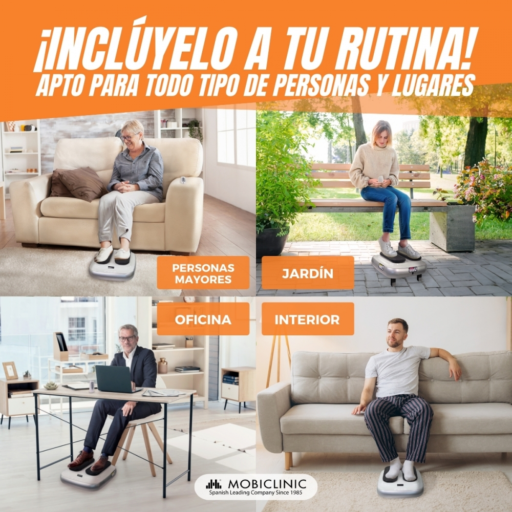 La imagen muestra personas usando un masajeador de pies en diferentes entornos: hogar, jardín y oficina. El texto dice '¡Inclúyelo en tu rutina!'