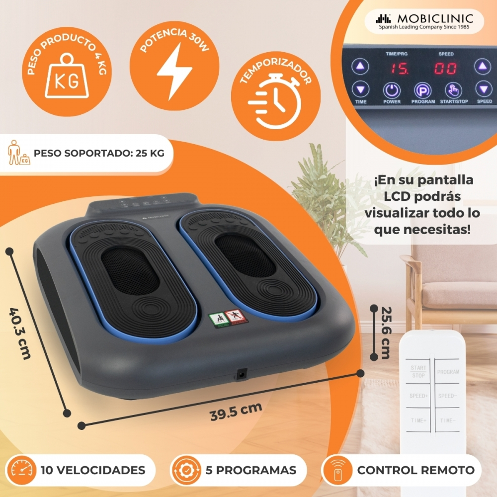 Masajeador de pies con pantalla digital, control remoto y dimensiones etiquetadas. Incluye potencia, temporizador y ajustes de velocidad.