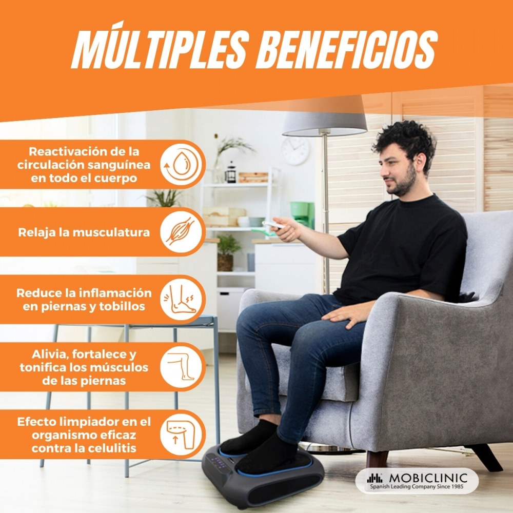 Un hombre sentado en una silla usando un dispositivo Mobidiclinic. La imagen promociona los beneficios del dispositivo.