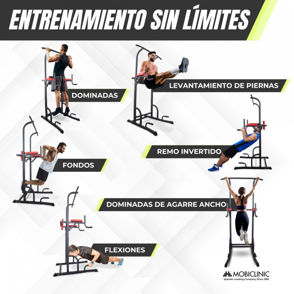 La imagen muestra diferentes ejercicios: dominadas, elevación de piernas, remo invertido, fondos, dominadas con agarre ancho y flexiones. Personas usan una estación de entrenamiento.