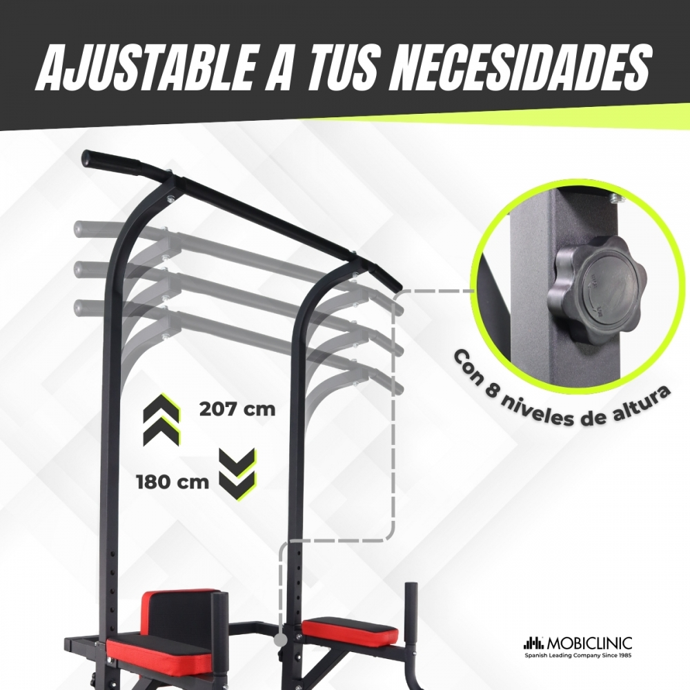 Barra de dominadas negra y roja con ajustes de altura. Muestra 207 cm y 180 cm. Texto: Ajustable a tus necesidades, 8 niveles de altura.