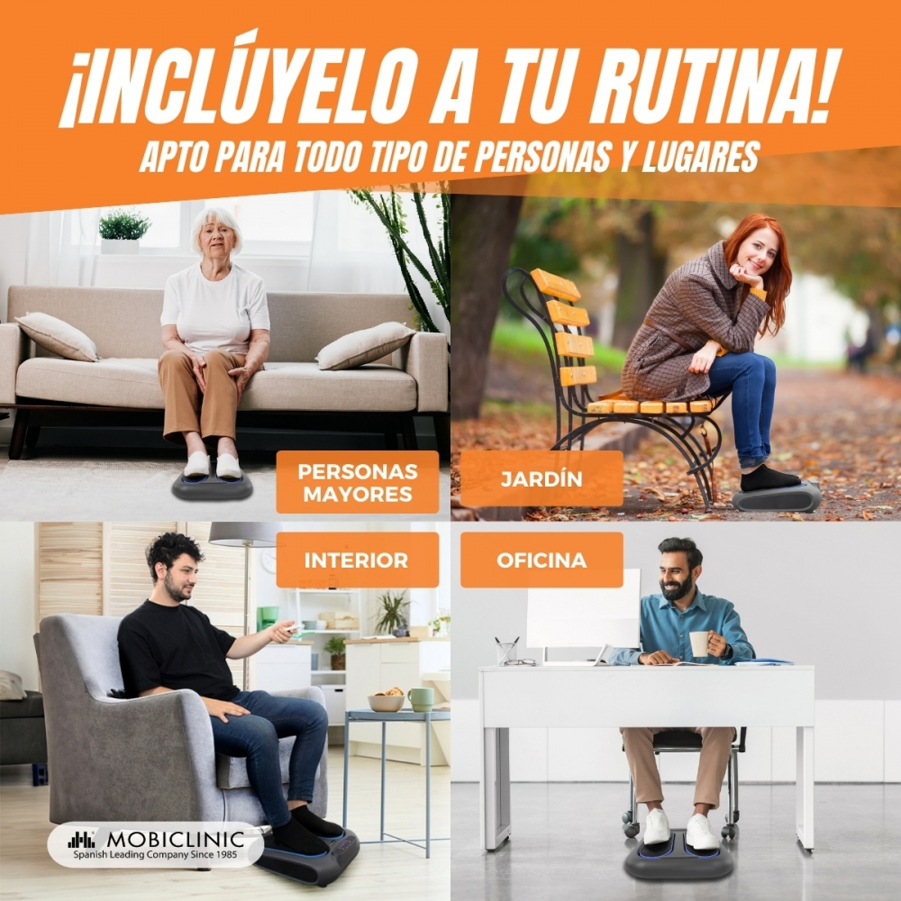 Un anuncio muestra a personas usando un masajeador de pies en diferentes entornos: hogar, parque y oficina. El texto promociona el producto.