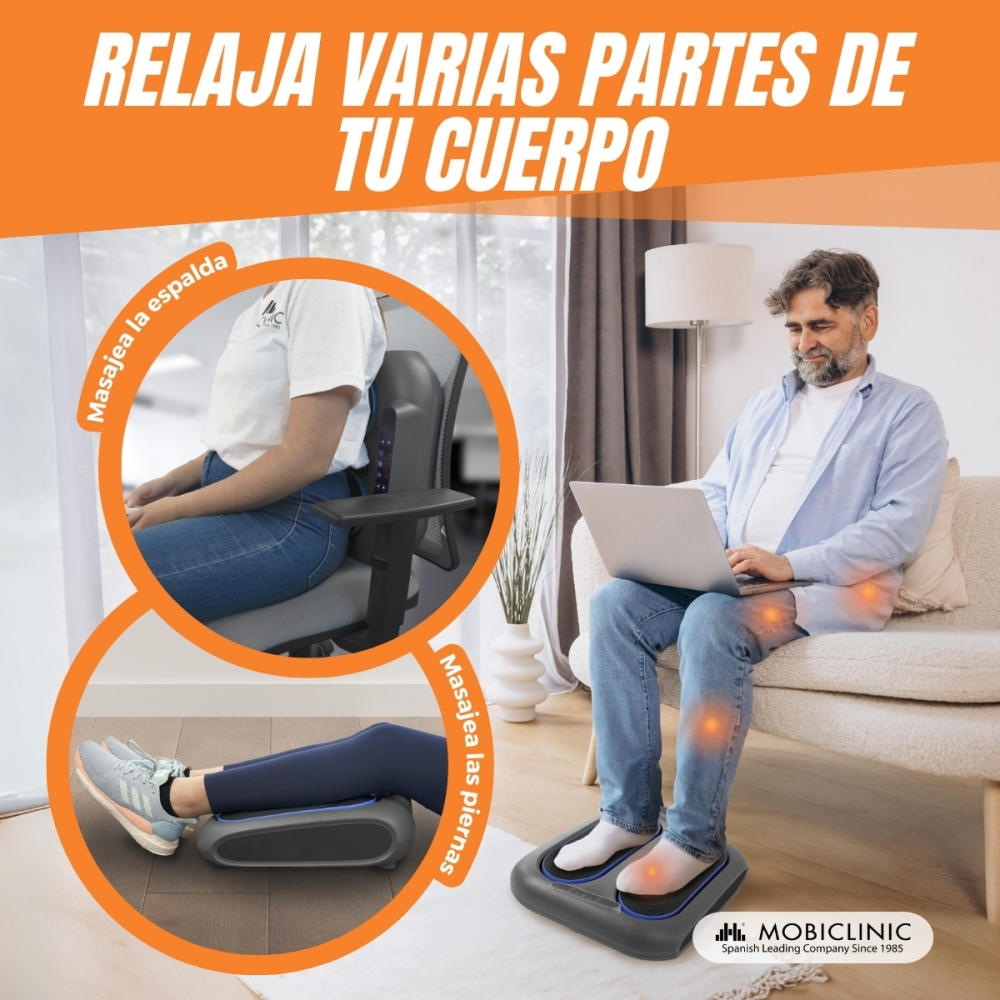 La imagen muestra a un hombre usando una laptop e imágenes de productos que demuestran masajes de espalda y piernas. El texto dice 'Relaja varias partes de tu cuerpo'.