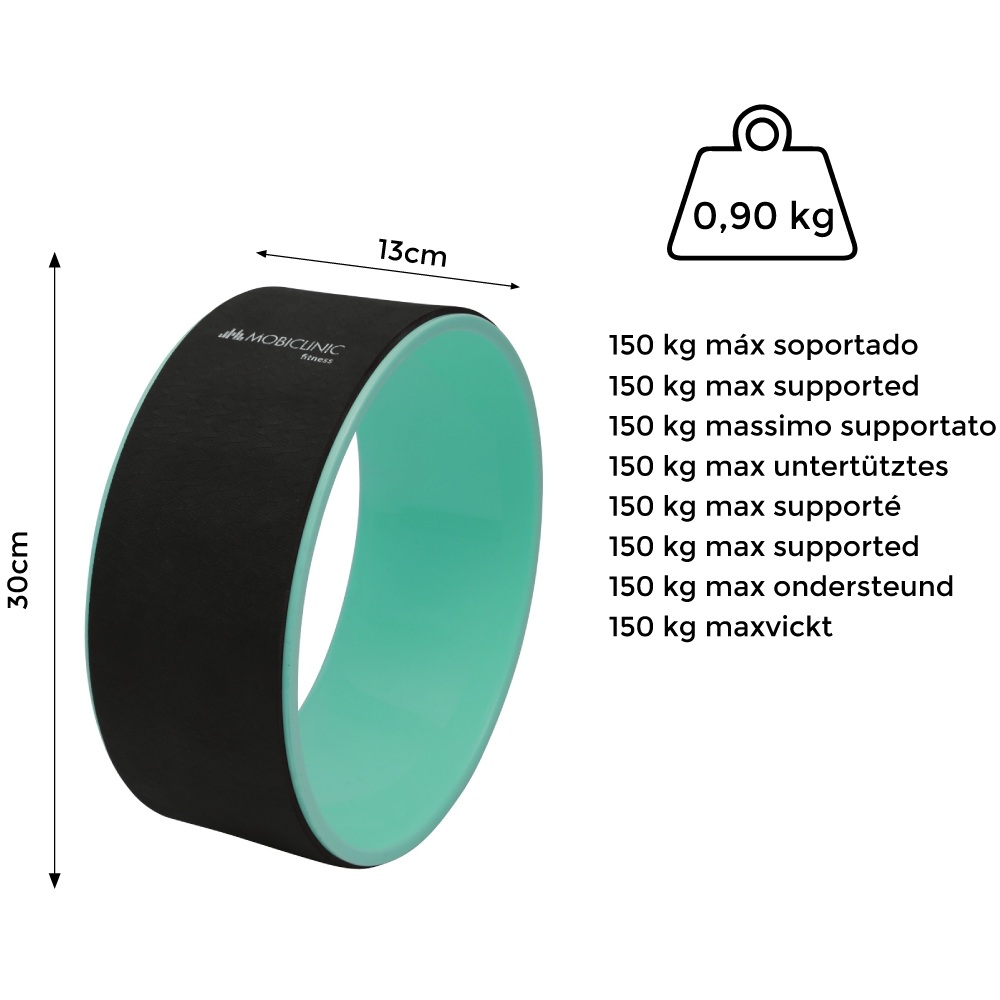 Una rueda de fitness con exterior negro e interior turquesa, con dimensiones e información de peso mostrada.