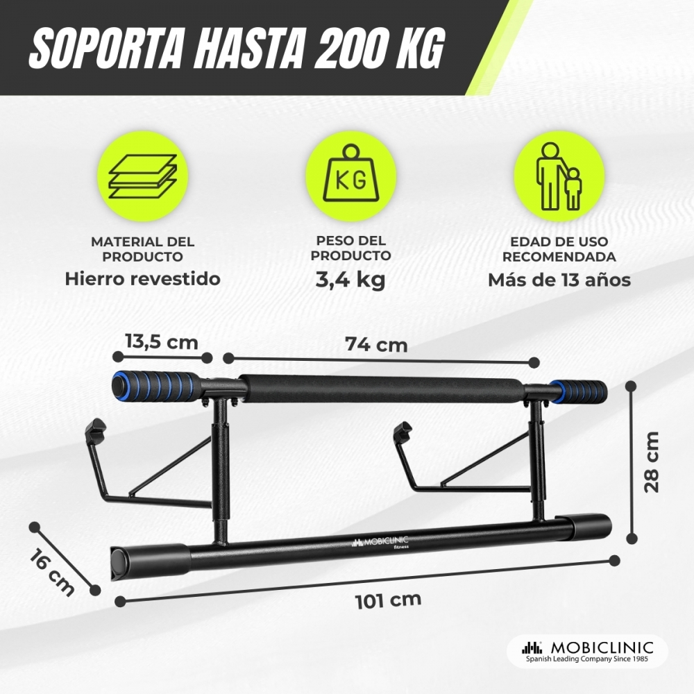 Barra de dominadas negra con dimensiones indicadas. El texto dice "Soporta hasta 200 KG", "Material del producto: Hierro revestido".