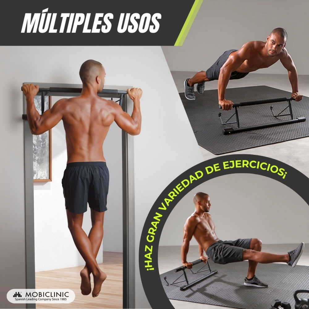 Un hombre demuestra ejercicios: dominadas, flexiones y fondos. Usa una barra para puerta y una barra para fondos. La imagen muestra versatilidad.