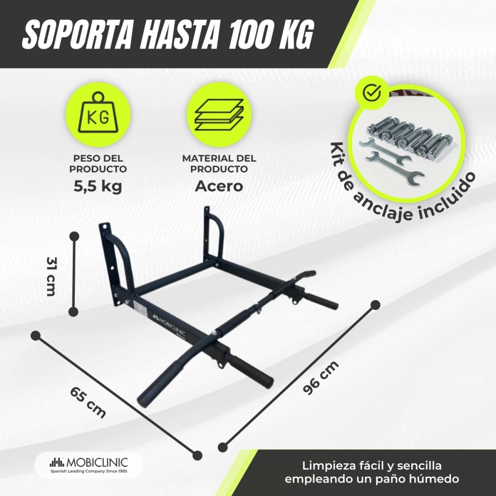 Barra de dominadas negra con dimensiones, kit de anclaje, capacidad 100 kg, y material de acero.