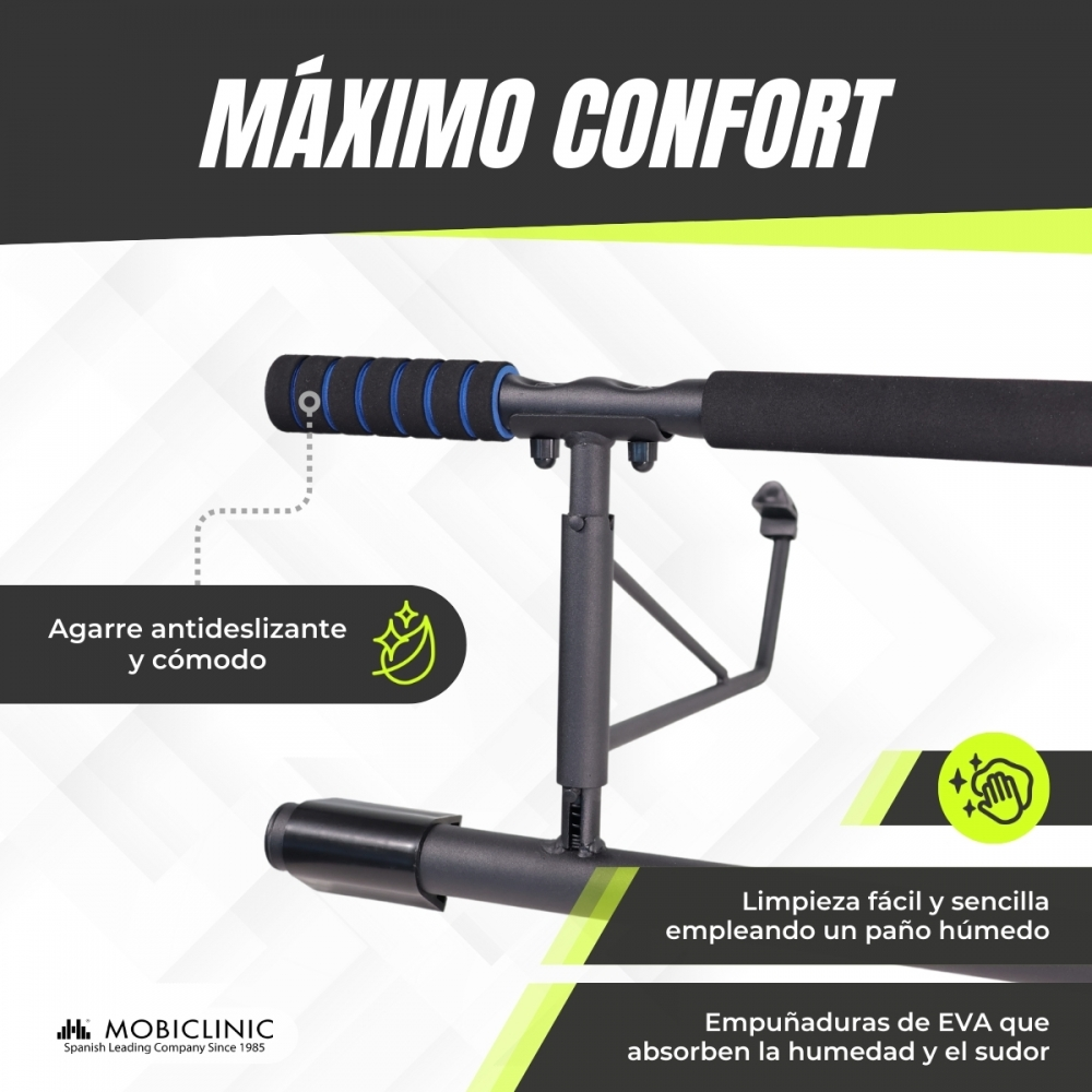Una barra de dominadas con agarres negros y azules. El texto dice 'MAXIMO CONFORT' y describe características como agarre antideslizante y fácil limpieza.