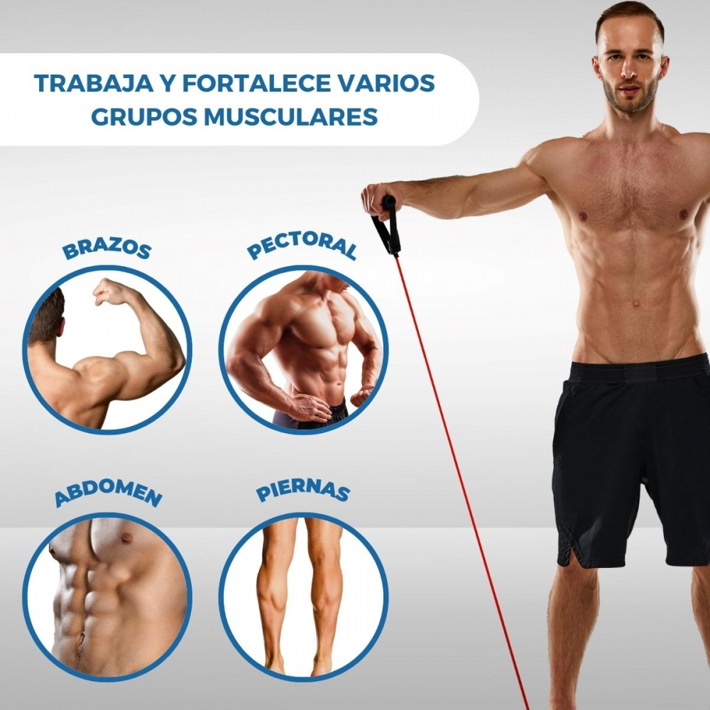 Hombre ejercitándose con banda de resistencia, destacando grupos musculares: brazos, pecho, abdomen, piernas. Texto en español: Trabaja y fortalece.