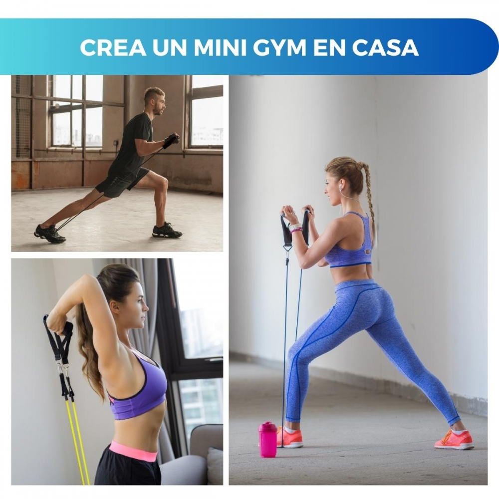 La imagen muestra a tres personas haciendo ejercicio con bandas de resistencia. El texto superior dice 'Crea un mini gimnasio en casa'.