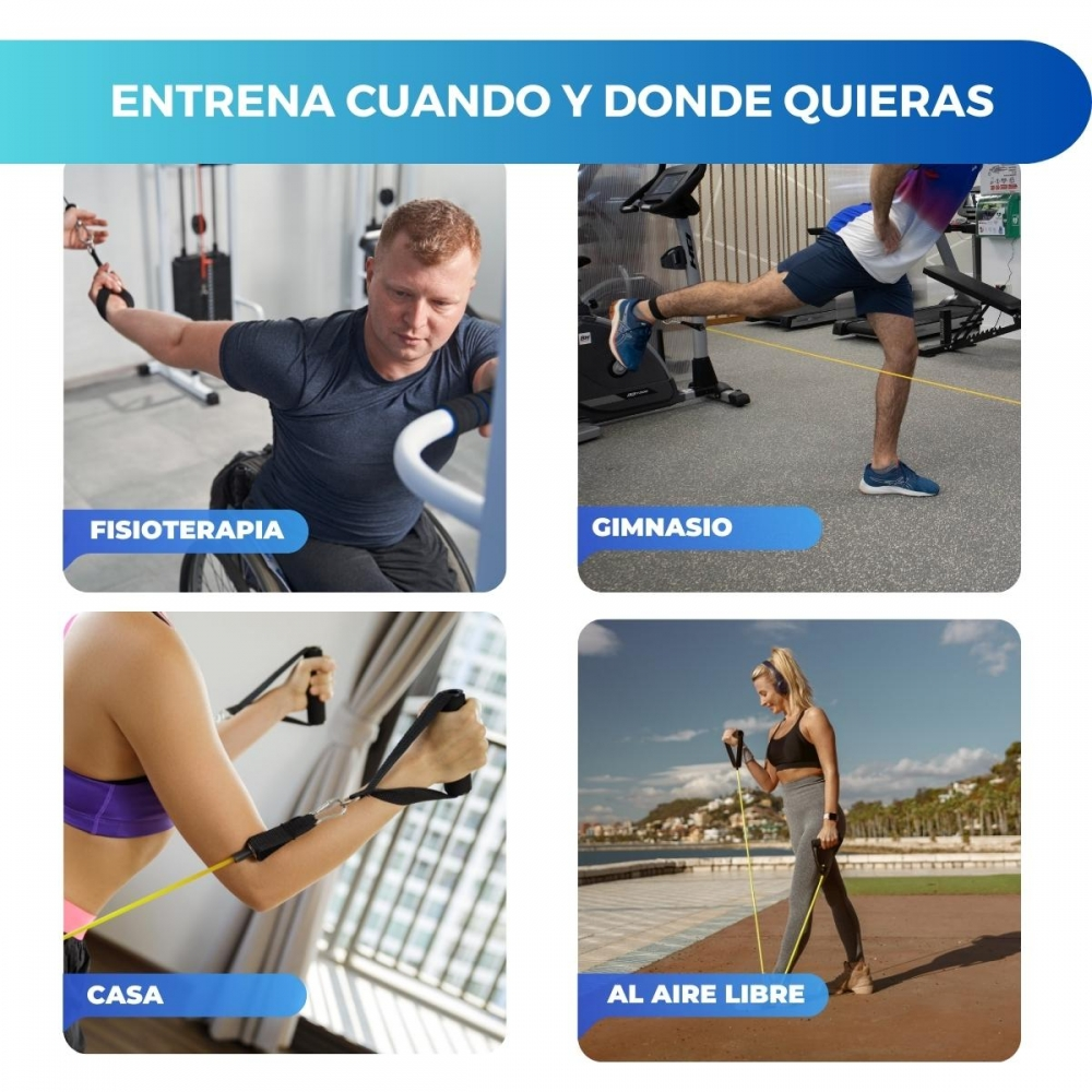 Imagen muestra cuatro escenarios de fitness: fisioterapia con un hombre en silla de ruedas, gimnasio, casa y entrenamiento al aire libre.