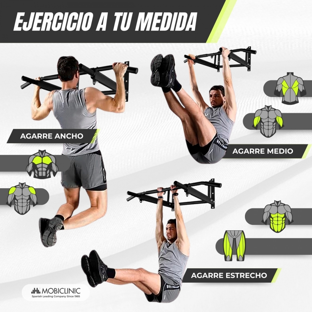La imagen muestra a tres hombres haciendo ejercicios de dominadas. El texto etiqueta diferentes estilos de agarre: ancho, medio y estrecho. La marca MOBICLINIC es visible.