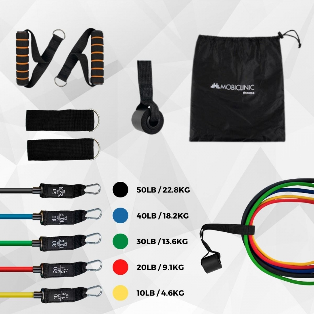 Juego de bandas de resistencia con asas, anclaje de puerta y bolsa de transporte. Las bandas están codificadas por color por peso: negro, azul, verde, rojo y amarillo.
