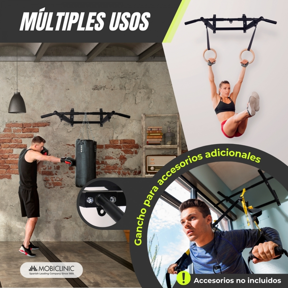 La imagen muestra equipos de fitness y personas usándolos. Incluye barras de dominadas, anillas, un saco de boxeo y un hombre usando bandas de resistencia.