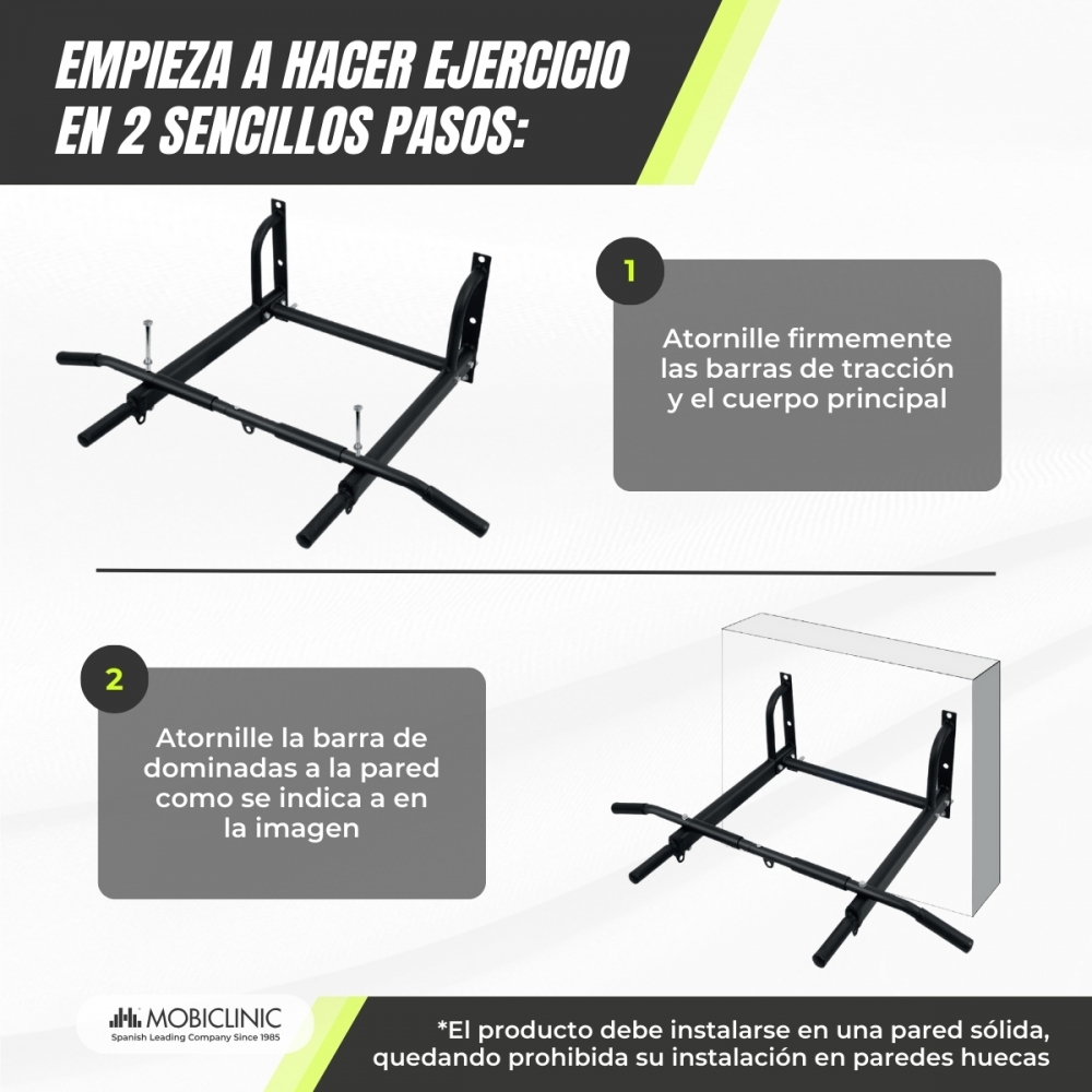 Diagrama de instalación de una barra de dominadas. La barra es negra, con dos pasos descritos con texto e ilustraciones.