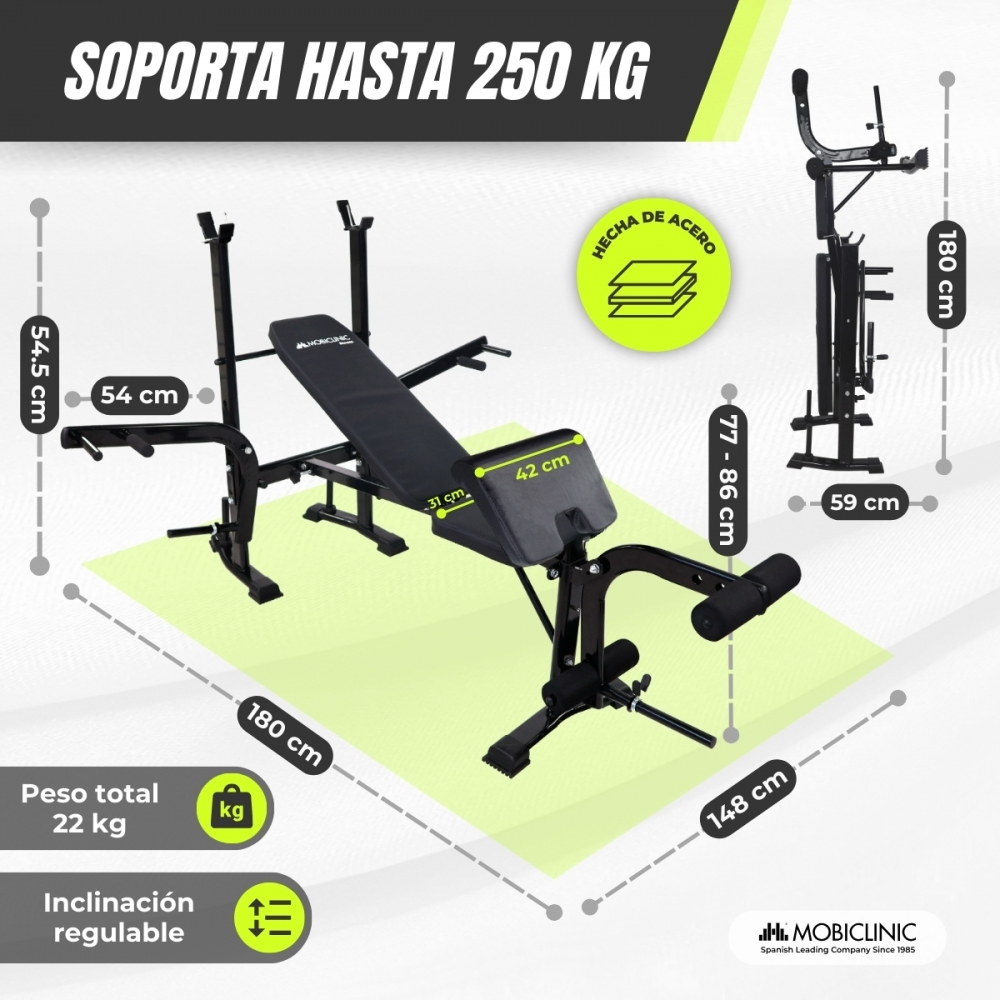 Banco de pesas negro y gris con dimensiones y detalles de peso. Incluye texto que indica que soporta hasta 250 kg.