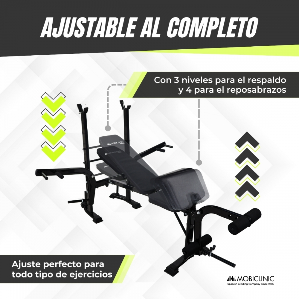 Banco de pesas negro ajustable con 3 niveles de respaldo y 4 de reposabrazos, flechas indican puntos de ajuste. Texto: 'AJUSTABLE AL COMPLETO'.