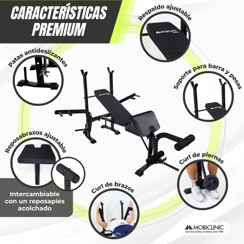 Banco de pesas negro con respaldo, reposabrazos y curl de piernas ajustables. Cuenta con pies antideslizantes y reposapiés intercambiable.