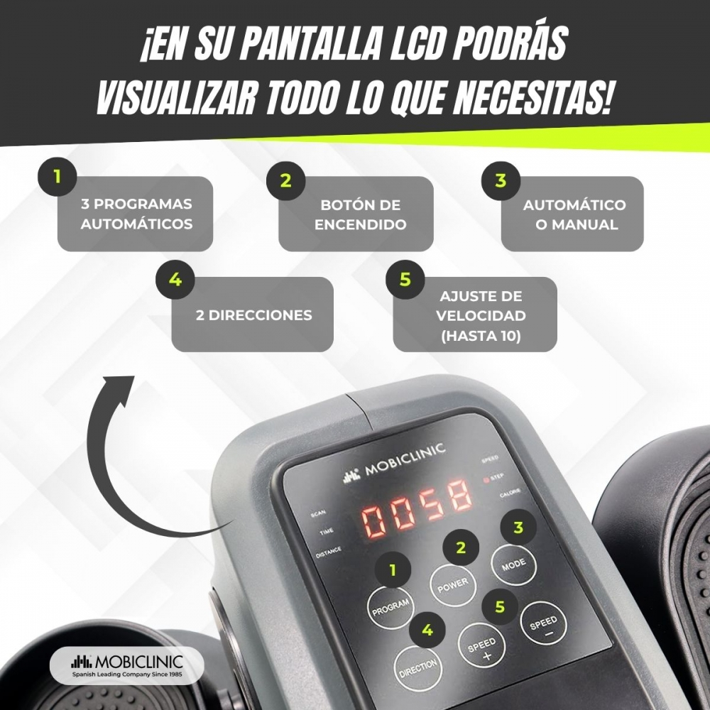 Una pantalla de máquina de ejercicios muestra tiempo, velocidad y otras métricas. Los botones controlan ajustes como programa, potencia y ajuste de velocidad.