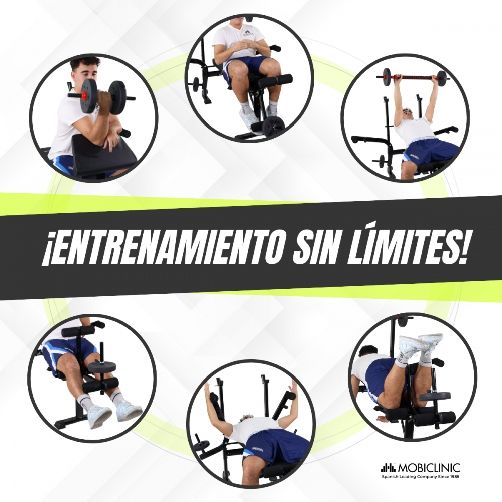 La imagen muestra personas haciendo ejercicio en equipos de gimnasia. Se demuestran varios ejercicios. El texto dice 'ENTRENAMIENTO SIN LÍMITES!'