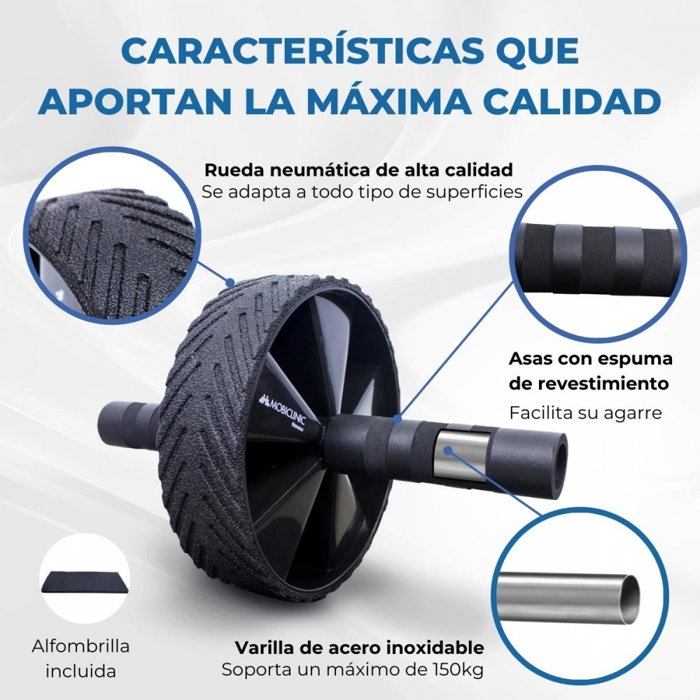 Una rueda abdominal con neumático y asas negras, una pequeña esterilla y descripciones de texto sobre sus características.