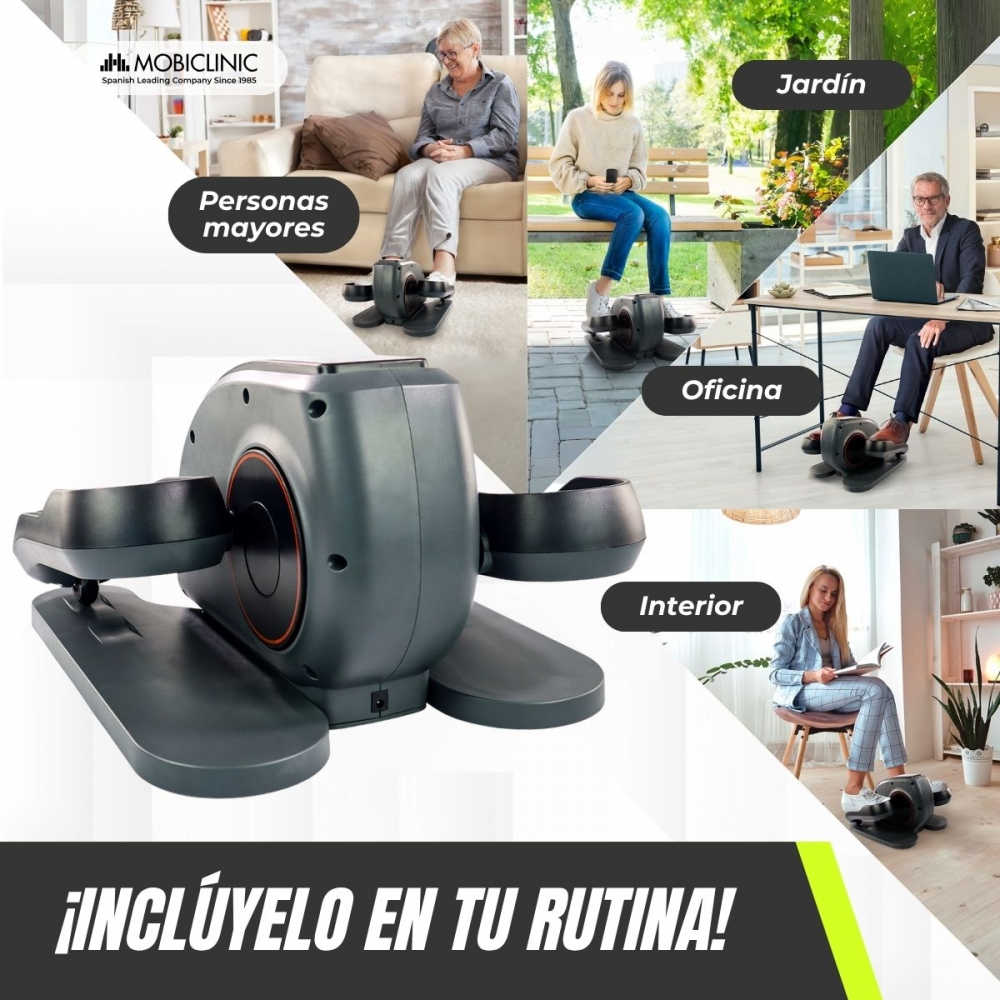 La imagen muestra un dispositivo de ejercicios con personas en diferentes entornos usándolo: hogar, jardín, oficina, interior. El texto dice: '¡INCLÚYELO EN TU RUTINA!'