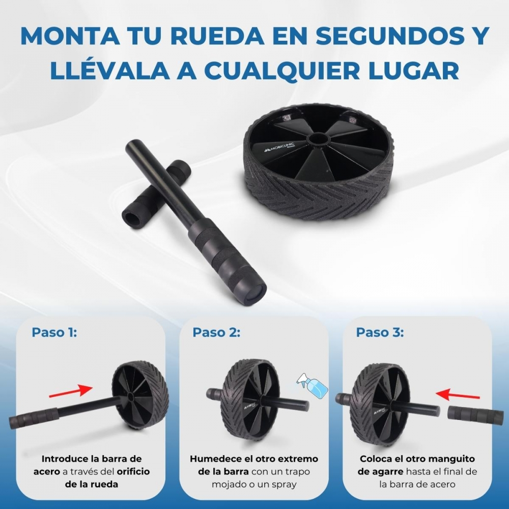 La imagen muestra una rueda de ejercicios con instrucciones. Los pasos incluyen insertar la barra, humedecer el extremo y colocar el agarre.