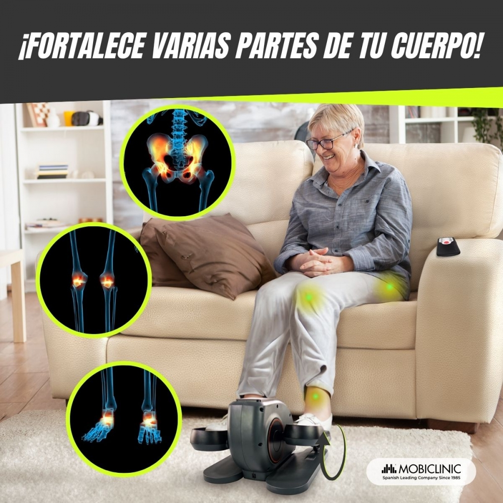 Una mujer mayor usa una máquina de ejercicios para piernas en un sofá. La imagen muestra las partes del cuerpo que se benefician.