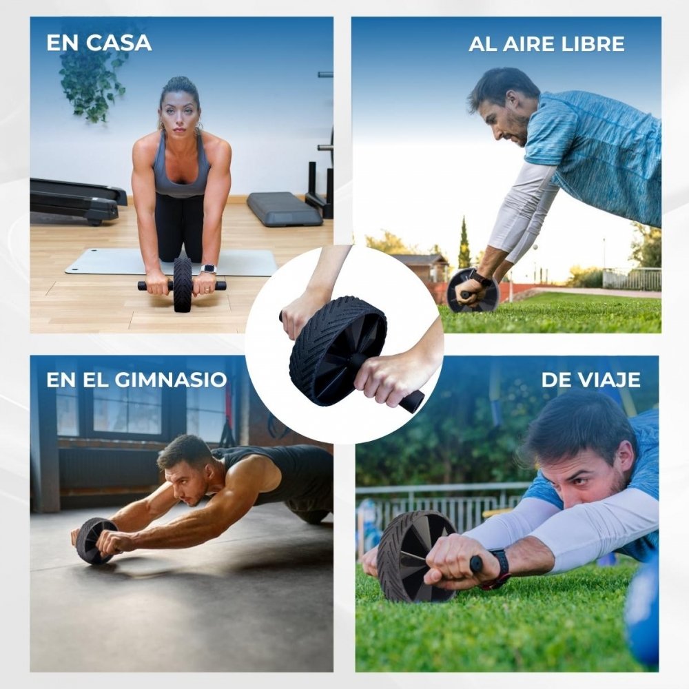La imagen muestra cuatro escenas que demuestran un ejercicio de rueda abdominal. Las personas se ejercitan en diferentes lugares: en casa, al aire libre, en el gimnasio y en el césped.