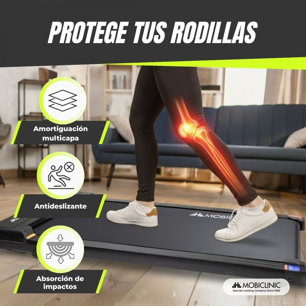 Una persona camina en una cinta de correr. La imagen muestra una rodilla brillante, con texto sobre la protección de las rodillas y las características de la cinta.