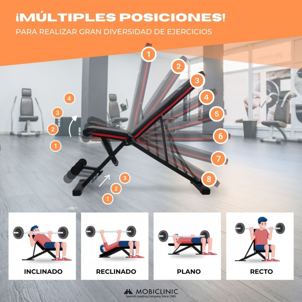 Un banco de pesas ajustable con múltiples posiciones. Ilustraciones muestran ejercicios: Inclinado, Reclinado, Plano y Recto.