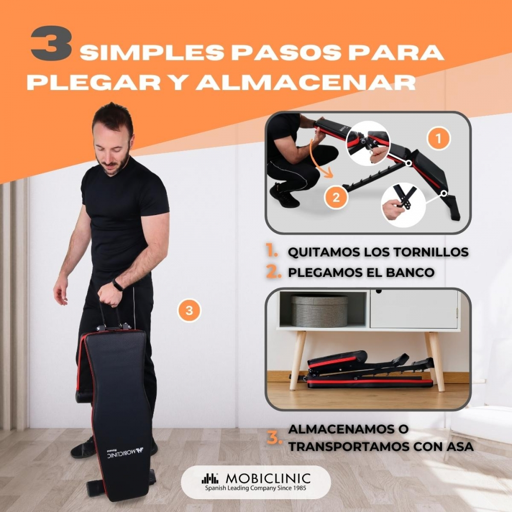 Un hombre demuestra cómo plegar un banco de pesas. Pasos mostrados: quitar tornillos, plegar el banco, guardar o transportar con el asa.