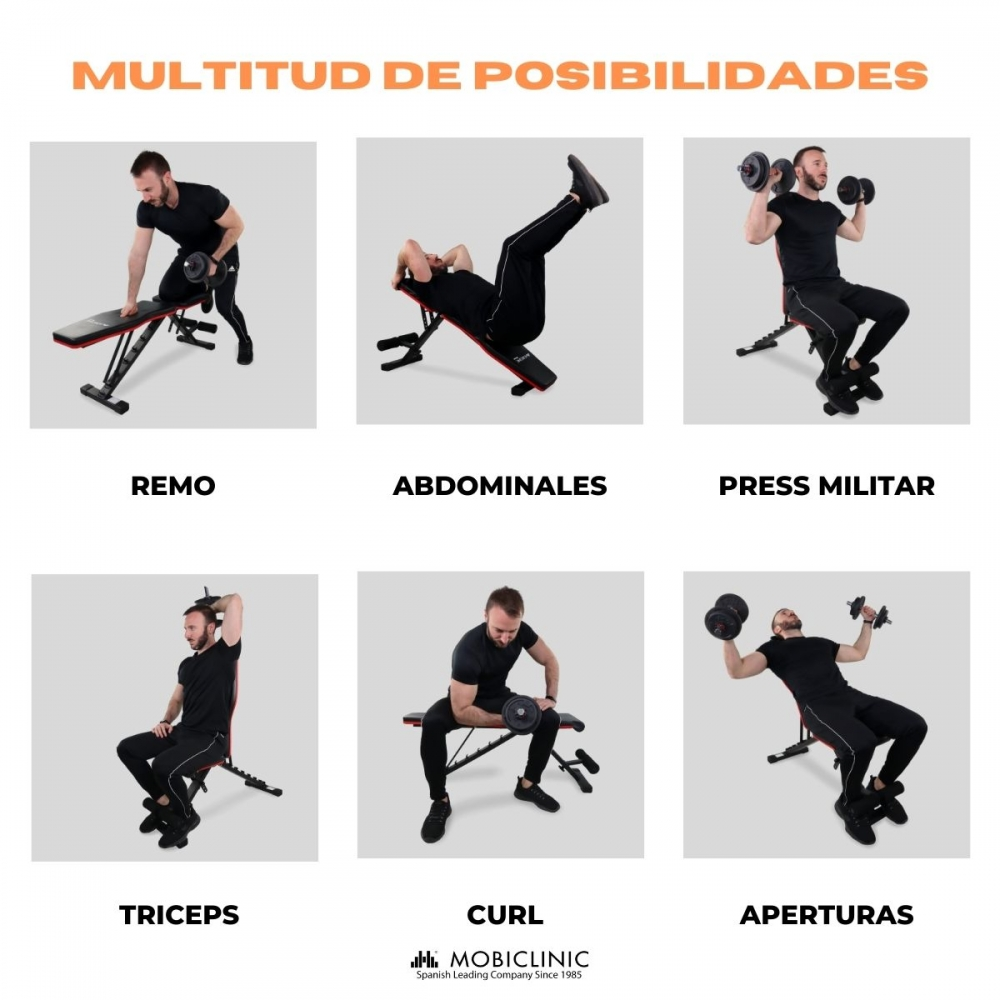 La imagen muestra ejercicios: Remo, abdominales, press militar, triceps, curl y aperturas. Cada ejercicio muestra a una persona en un banco.