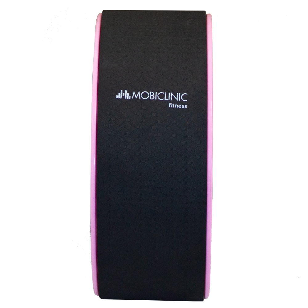 Una rueda de fitness con superficie negra texturizada y bordes rosas. La marca 'MOBICLINIC fitness' está impresa.