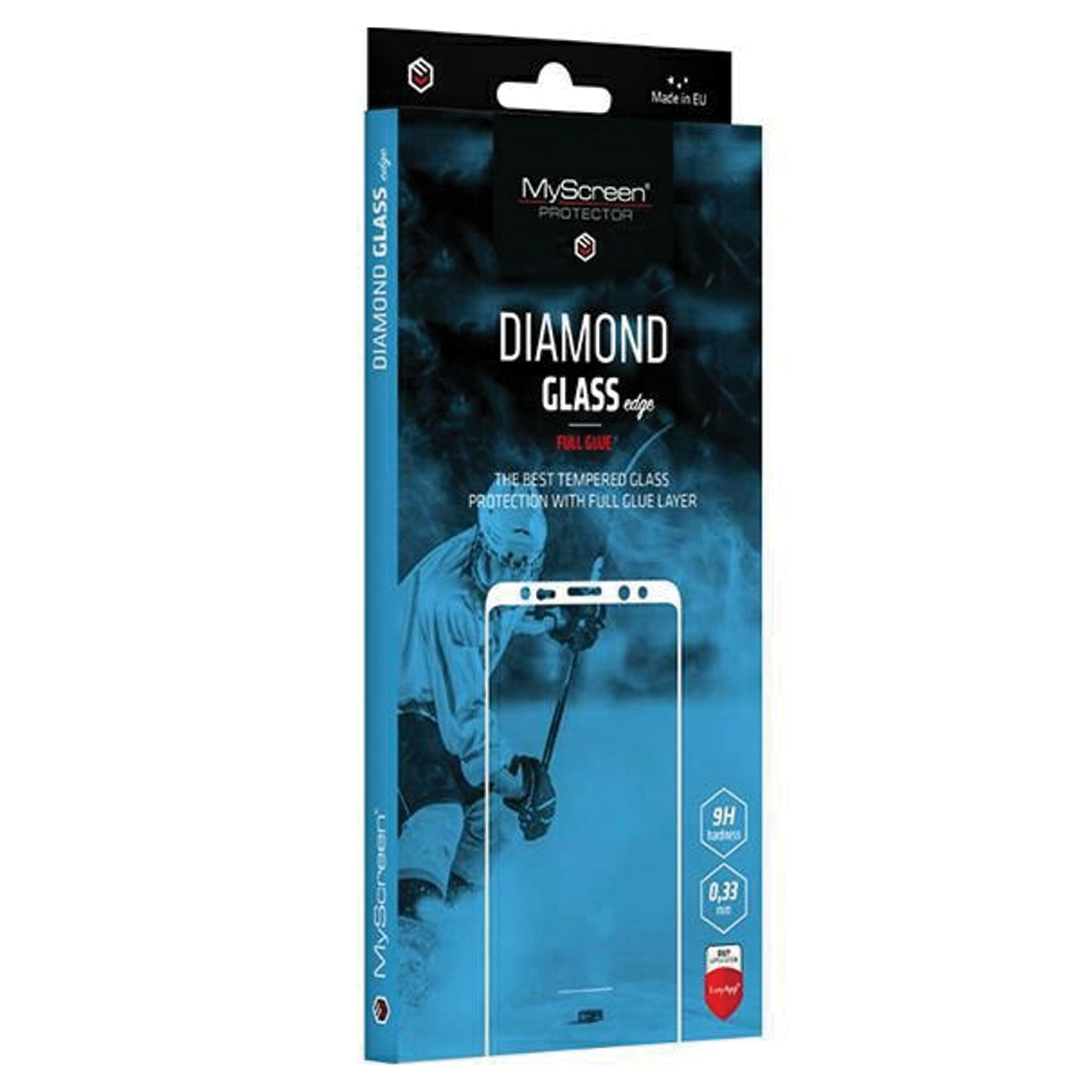 Scatola di MyScreen Diamond Glass. Mostra un giocatore di hockey e uno schermo del telefono.