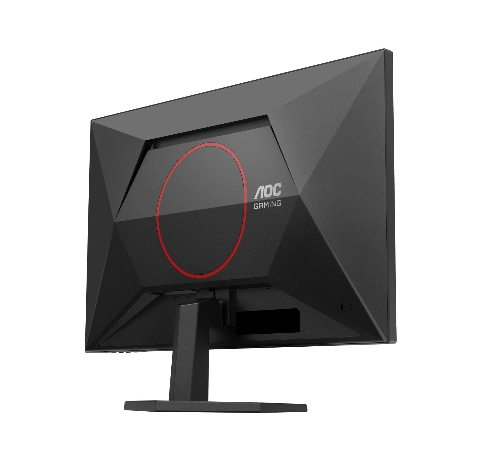 Widok z tyłu czarnego monitora do gier AOC. Ma czerwone koło i logo AOC Gaming. Podstawa jest również czarna.