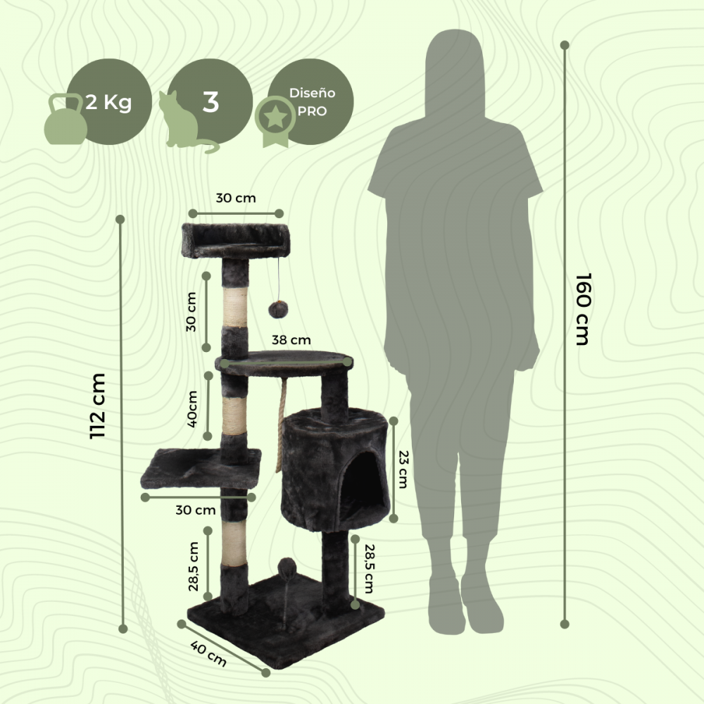 Un árbol para gatos con dimensiones. Una silueta humana está al lado. Hay pesos e iconos de gato.
