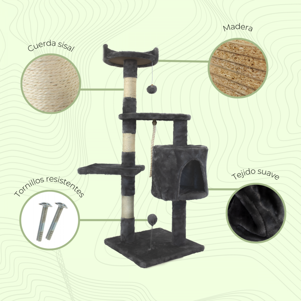 Un árbol para gatos gris con cuerda de sisal, tela suave, partes de madera y bolas de juguete colgantes. Incluye imágenes de materiales y tornillos.