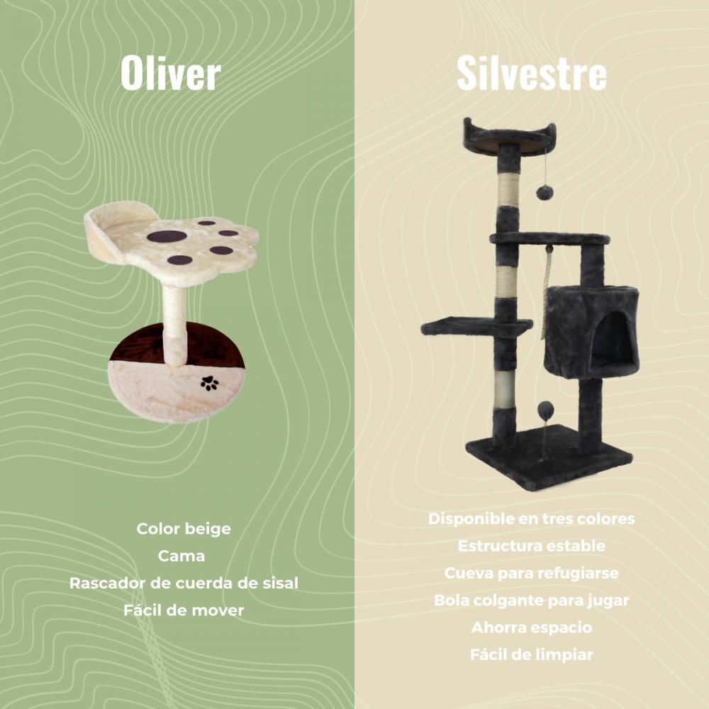 La imagen muestra dos árboles para gatos. Uno es beige con una cama en forma de pata, y el otro es gris oscuro con varios niveles y una cueva.