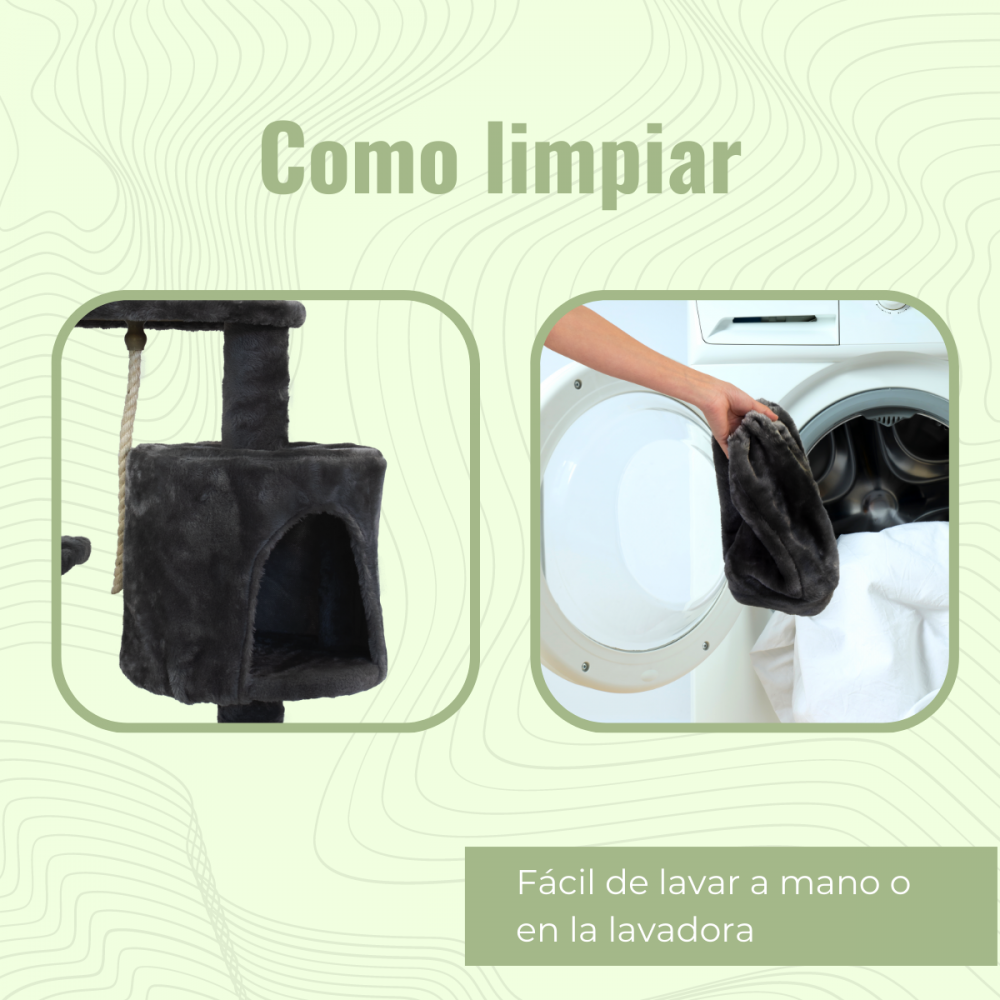 La imagen muestra cómo limpiar un árbol para gatos. Un lado muestra el árbol, el otro, una persona lavando una parte en una lavadora.